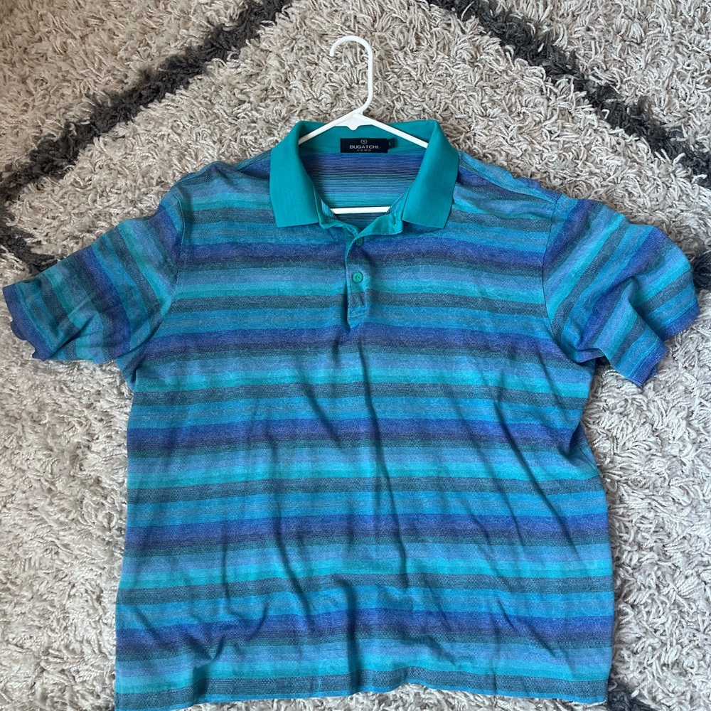 Bugatchi Blue and Green Striped Polo Shirt